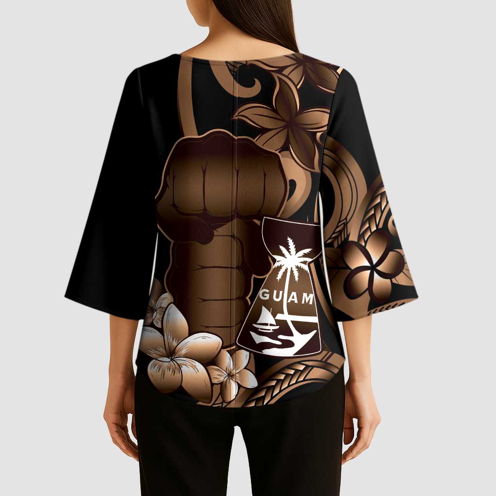 Brown Hafa Adai Guam Kimono Sleeve Blouse Chamorro Latte Stone Hand With Plumeria - Polynesian Pride
