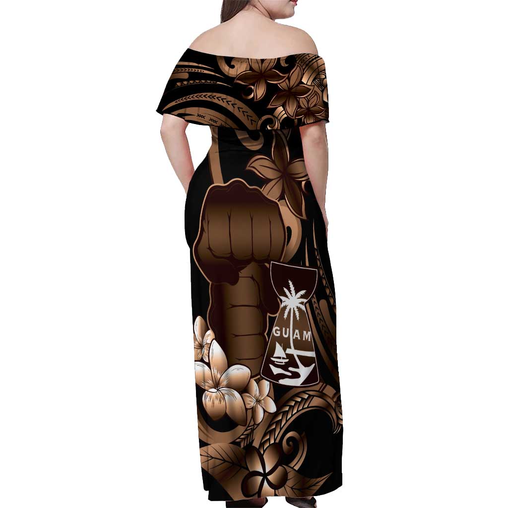 Brown Hafa Adai Guam Off Shoulder Maxi Dress Chamorro Latte Stone Hand With Plumeria