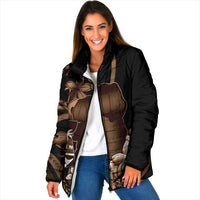 Brown Hafa Adai Guam Padded Jacket Chamorro Latte Stone Hand With Plumeria - Polynesian Pride
