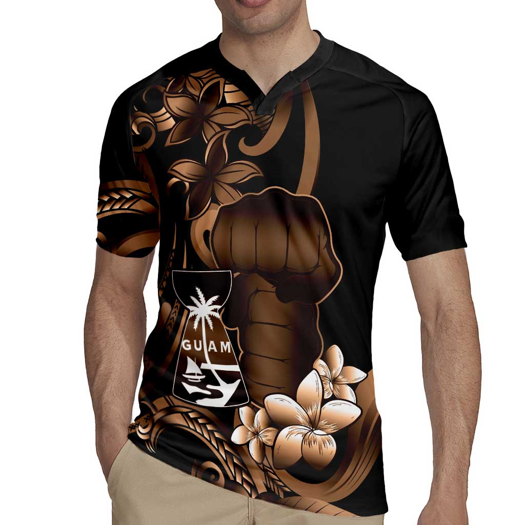 Brown Hafa Adai Guam Rugby Jersey Chamorro Latte Stone Hand With Plumeria