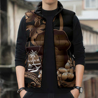 Brown Hafa Adai Guam Sleeveless Puffer Jacket Chamorro Latte Stone Hand With Plumeria - Polynesian Pride
