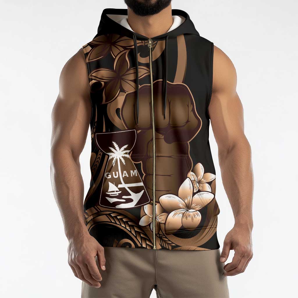 Brown Hafa Adai Guam Sleeveless Zip Hoodie Chamorro Latte Stone Hand With Plumeria - Polynesian Pride