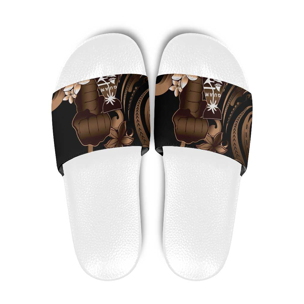 Brown Hafa Adai Guam Slide Sandals Chamorro Latte Stone Hand With Plumeria - Polynesian Pride