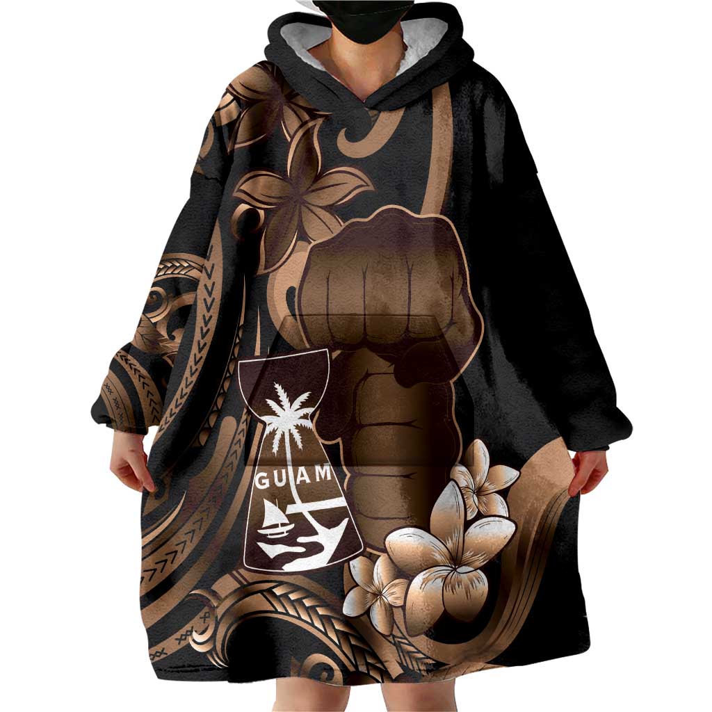Brown Hafa Adai Guam Wearable Blanket Hoodie Chamorro Latte Stone Hand With Plumeria