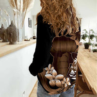 Brown Hafa Adai Guam Women Casual Shirt Chamorro Latte Stone Hand With Plumeria