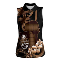 Brown Hafa Adai Guam Women Sleeveless Polo Shirt Chamorro Latte Stone Hand With Plumeria