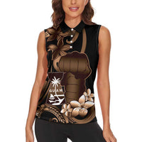 Brown Hafa Adai Guam Women Sleeveless Polo Shirt Chamorro Latte Stone Hand With Plumeria