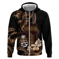 Brown Hafa Adai Guam Zip Hoodie Chamorro Latte Stone Hand With Plumeria