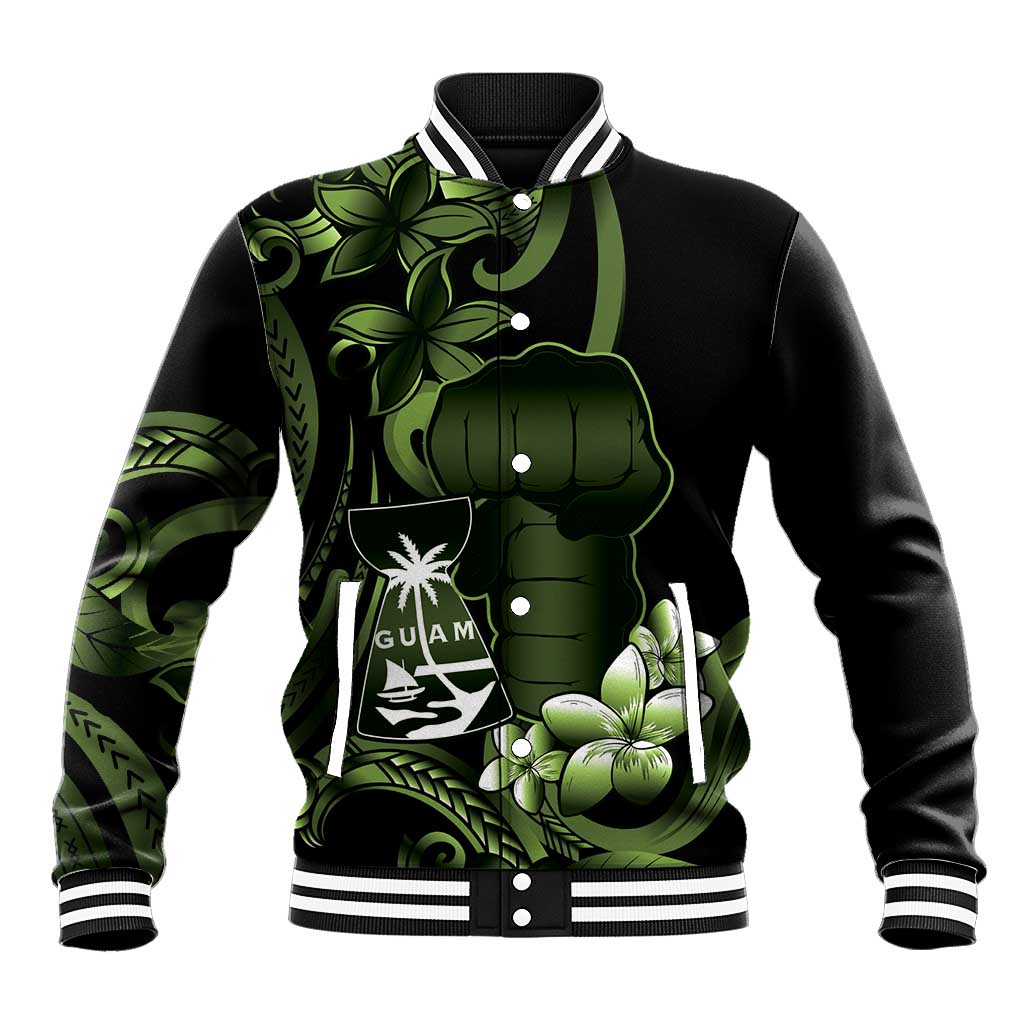 Green Hafa Adai Guam Baseball Jacket Chamorro Latte Stone Hand With Plumeria