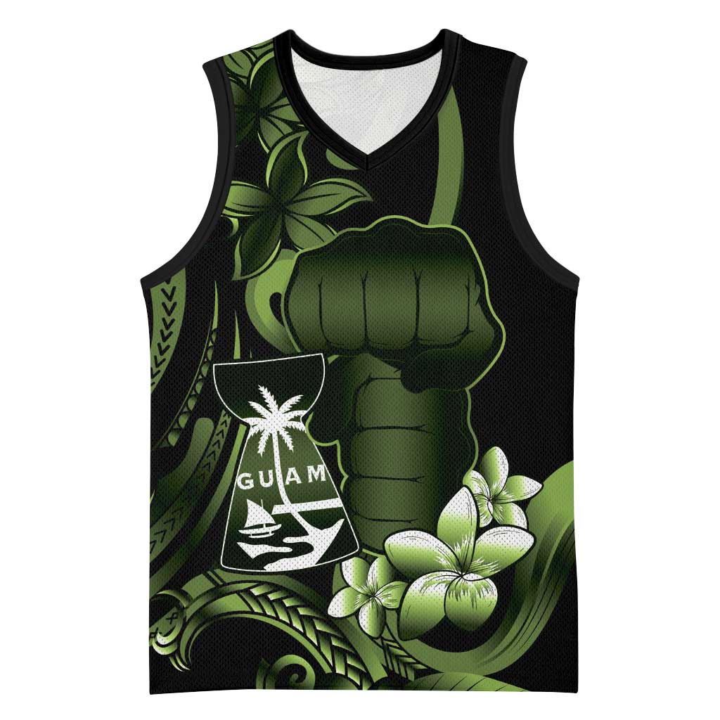 Green Hafa Adai Guam Basketball Jersey Chamorro Latte Stone Hand With Plumeria - Polynesian Pride