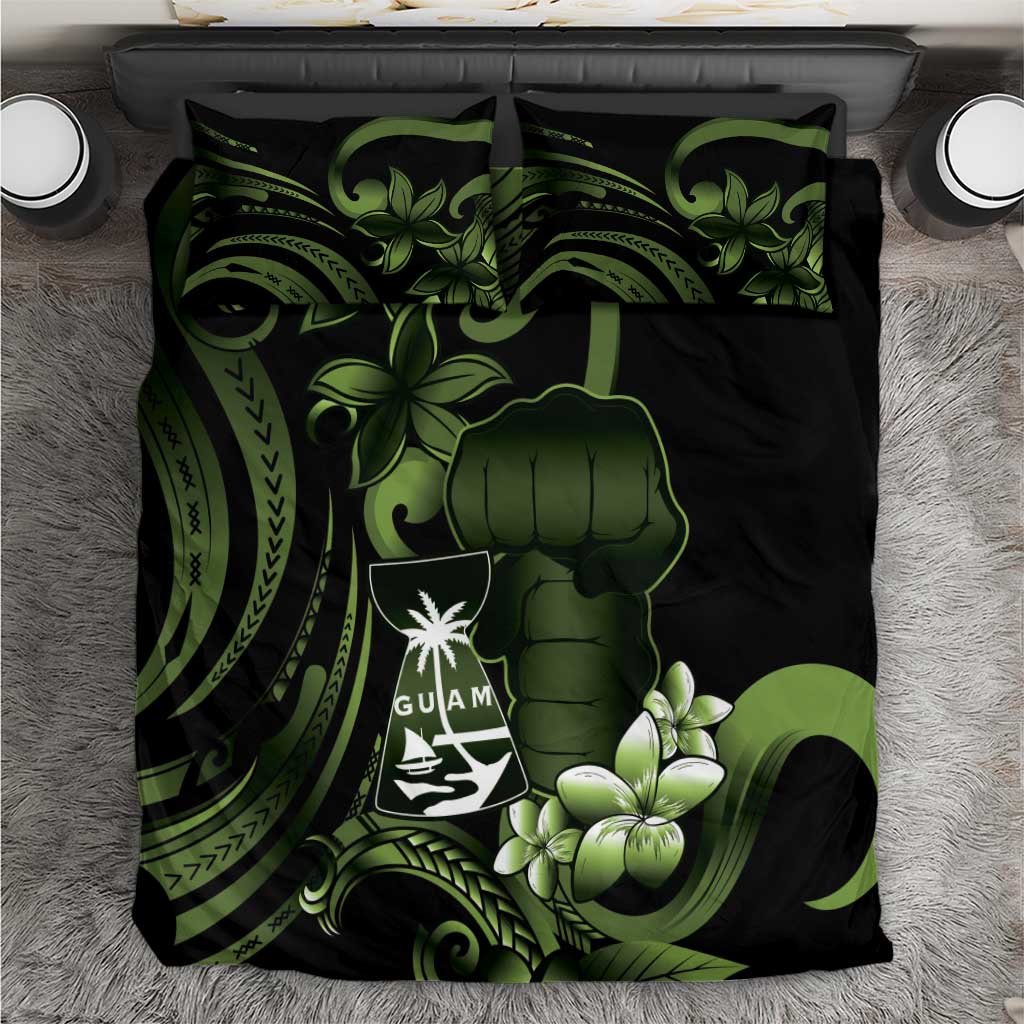 Green Hafa Adai Guam Bedding Set Chamorro Latte Stone Hand With Plumeria
