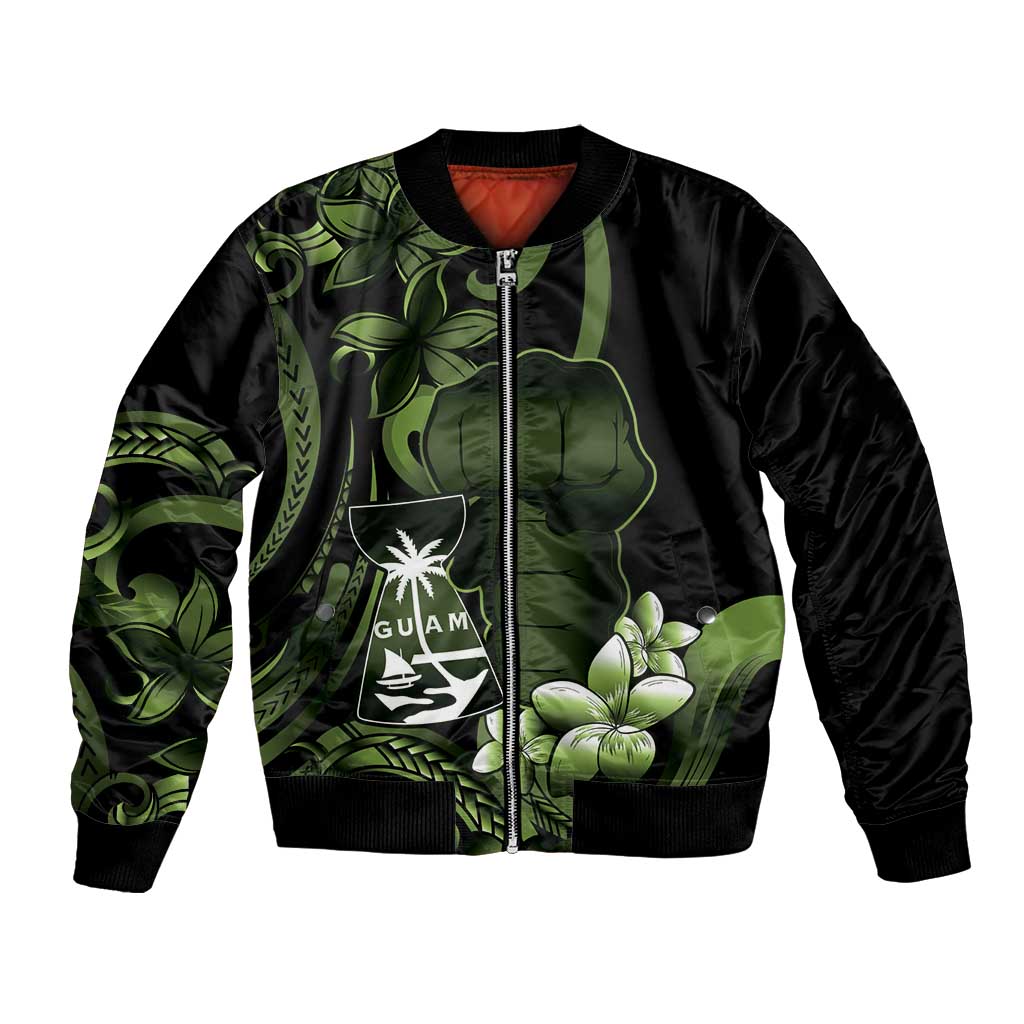 Green Hafa Adai Guam Bomber Jacket Chamorro Latte Stone Hand With Plumeria