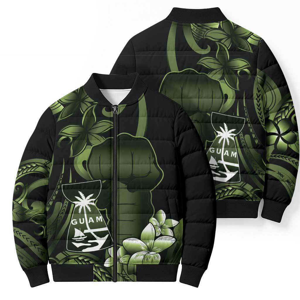 Green Hafa Adai Guam Bomber Puffer Jacket Chamorro Latte Stone Hand With Plumeria - Polynesian Pride