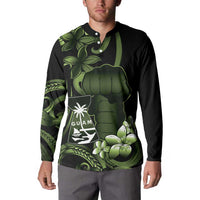 Green Hafa Adai Guam Button Sweatshirt Chamorro Latte Stone Hand With Plumeria