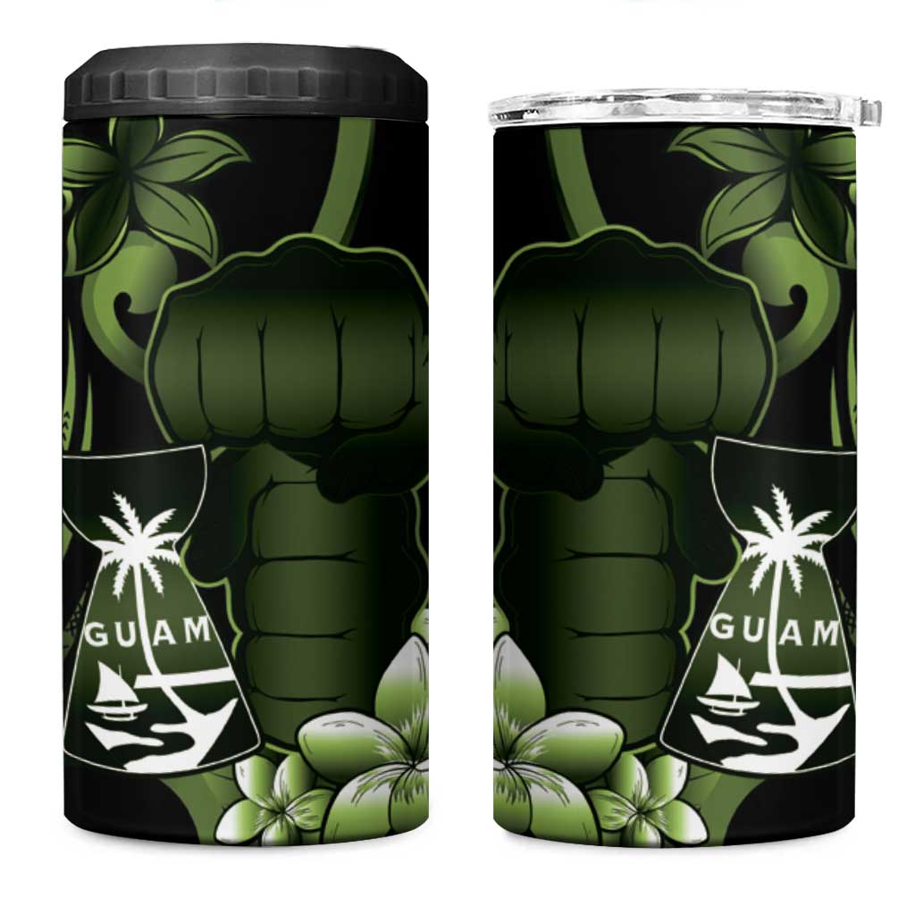 Green Hafa Adai Guam 4 in 1 Can Cooler Tumbler Chamorro Latte Stone Hand With Plumeria