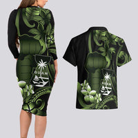 Green Hafa Adai Guam Couples Matching Long Sleeve Bodycon Dress and Hawaiian Shirt Chamorro Latte Stone Hand With Plumeria
