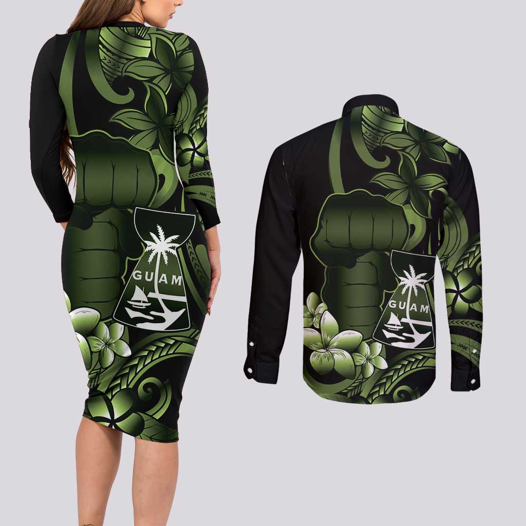 Green Hafa Adai Guam Couples Matching Long Sleeve Bodycon Dress and Long Sleeve Button Shirt Chamorro Latte Stone Hand With Plumeria