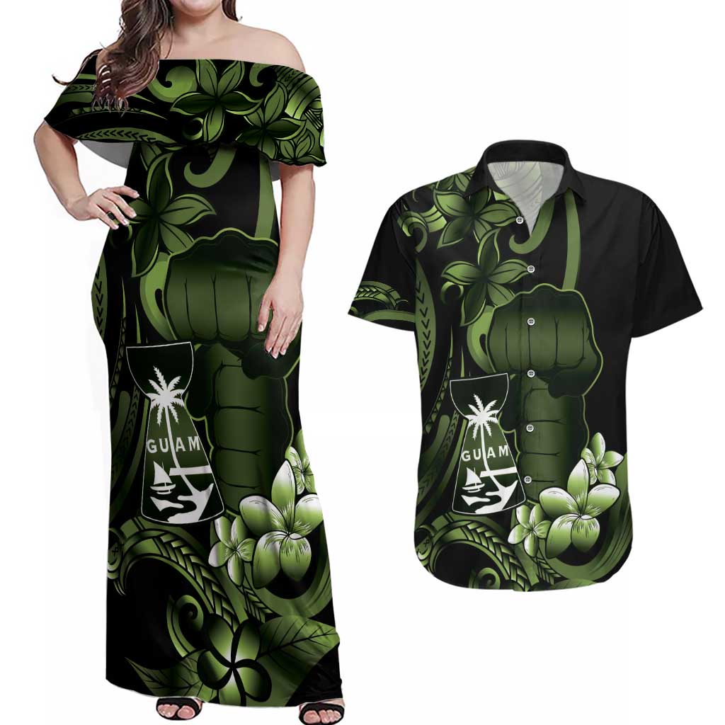 Green Hafa Adai Guam Couples Matching Off Shoulder Maxi Dress and Hawaiian Shirt Chamorro Latte Stone Hand With Plumeria