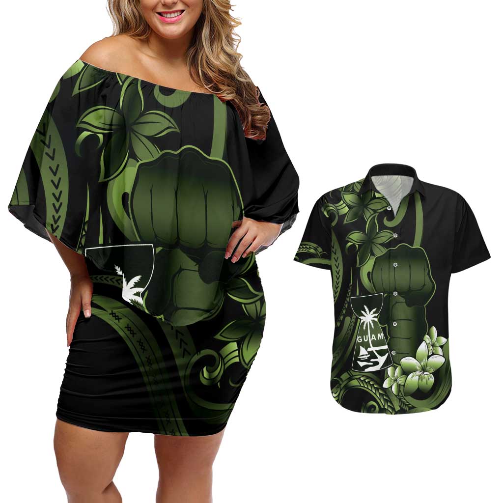 Green Hafa Adai Guam Couples Matching Off Shoulder Short Dress and Hawaiian Shirt Chamorro Latte Stone Hand With Plumeria
