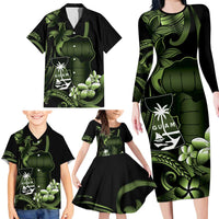 Green Hafa Adai Guam Family Matching Long Sleeve Bodycon Dress and Hawaiian Shirt Chamorro Latte Stone Hand With Plumeria