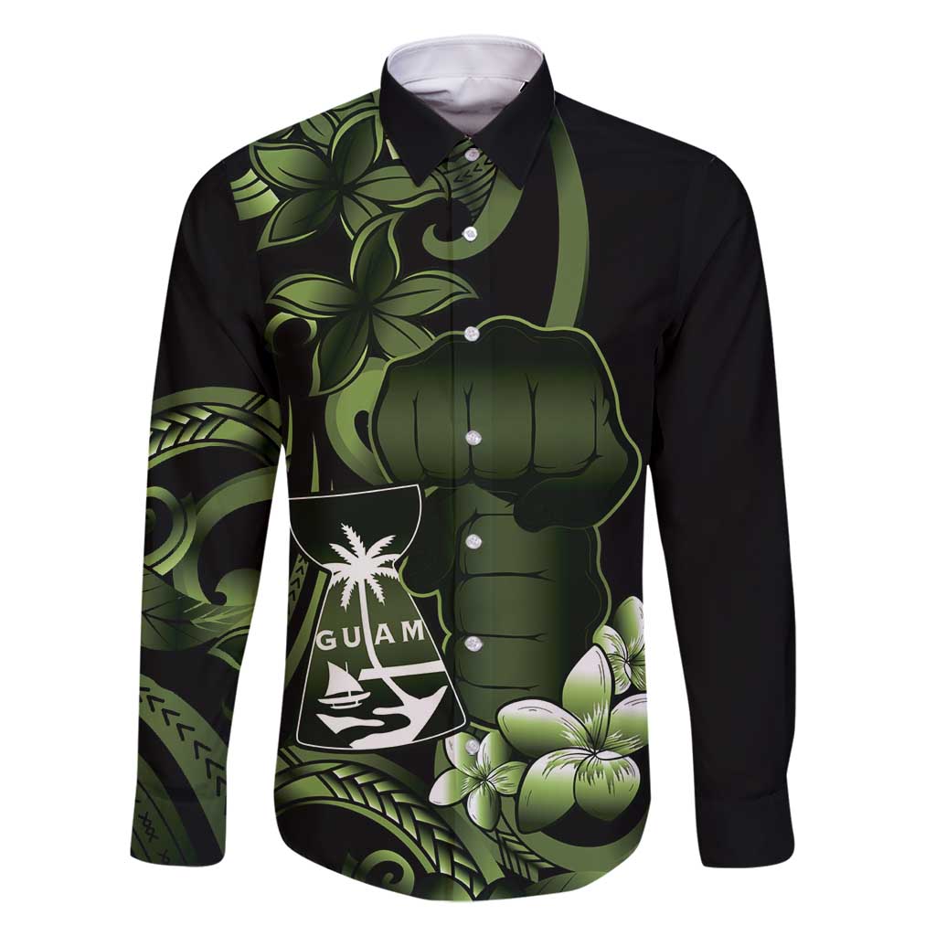Green Hafa Adai Guam Family Matching Long Sleeve Bodycon Dress and Hawaiian Shirt Chamorro Latte Stone Hand With Plumeria