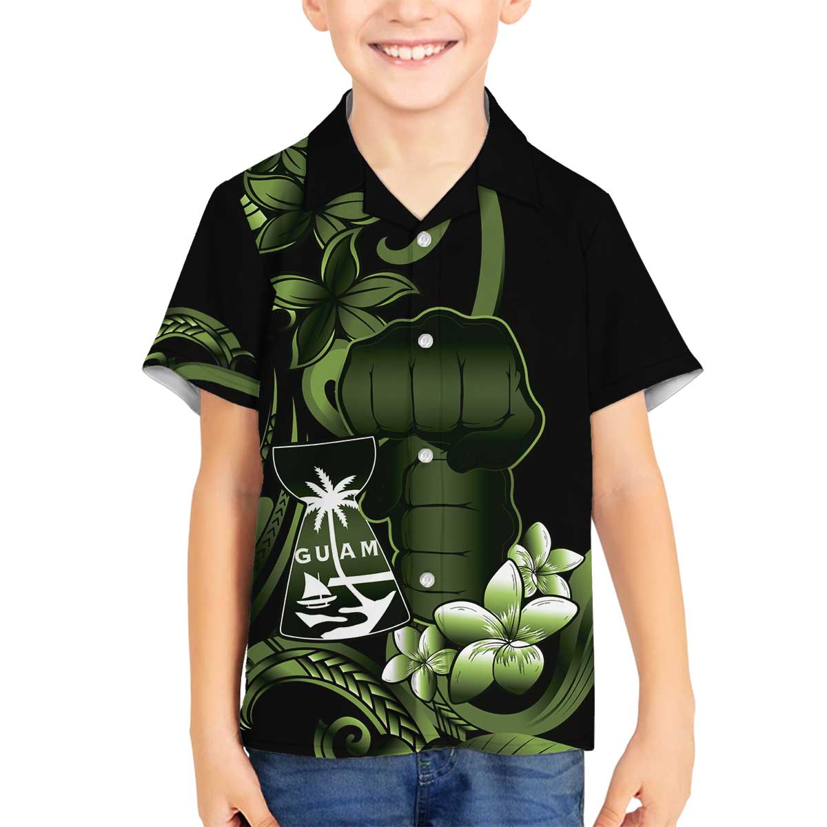 Green Hafa Adai Guam Family Matching Off The Shoulder Long Sleeve Dress and Hawaiian Shirt Chamorro Latte Stone Hand With Plumeria