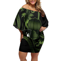 Green Hafa Adai Guam Family Matching Off Shoulder Short Dress and Hawaiian Shirt Chamorro Latte Stone Hand With Plumeria
