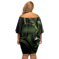 Green Hafa Adai Guam Family Matching Off Shoulder Short Dress and Hawaiian Shirt Chamorro Latte Stone Hand With Plumeria