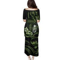 Green Hafa Adai Guam Family Matching Puletasi and Hawaiian Shirt Chamorro Latte Stone Hand With Plumeria