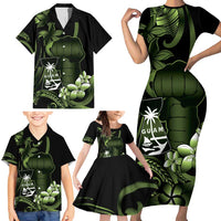 Green Hafa Adai Guam Family Matching Short Sleeve Bodycon Dress and Hawaiian Shirt Chamorro Latte Stone Hand With Plumeria