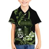 Green Hafa Adai Guam Family Matching Short Sleeve Bodycon Dress and Hawaiian Shirt Chamorro Latte Stone Hand With Plumeria