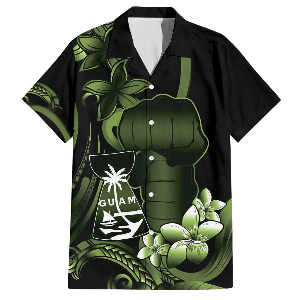 Green Hafa Adai Guam Hawaiian Shirt Chamorro Latte Stone Hand With Plumeria