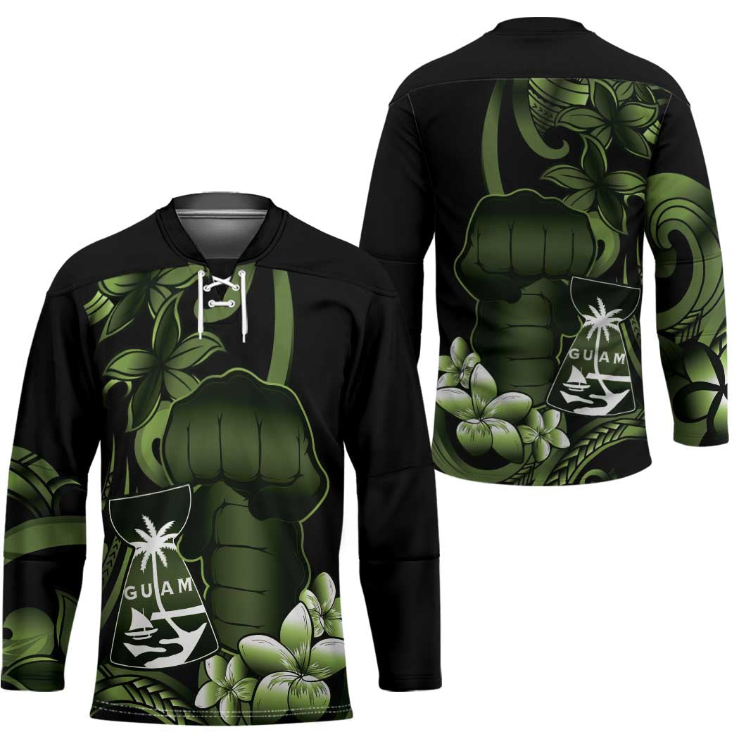 Green Hafa Adai Guam Hockey Jersey Chamorro Latte Stone Hand With Plumeria - Polynesian Pride