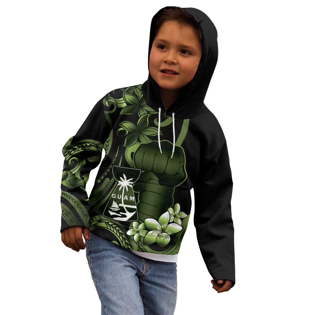 Green Hafa Adai Guam Kid Hoodie Chamorro Latte Stone Hand With Plumeria