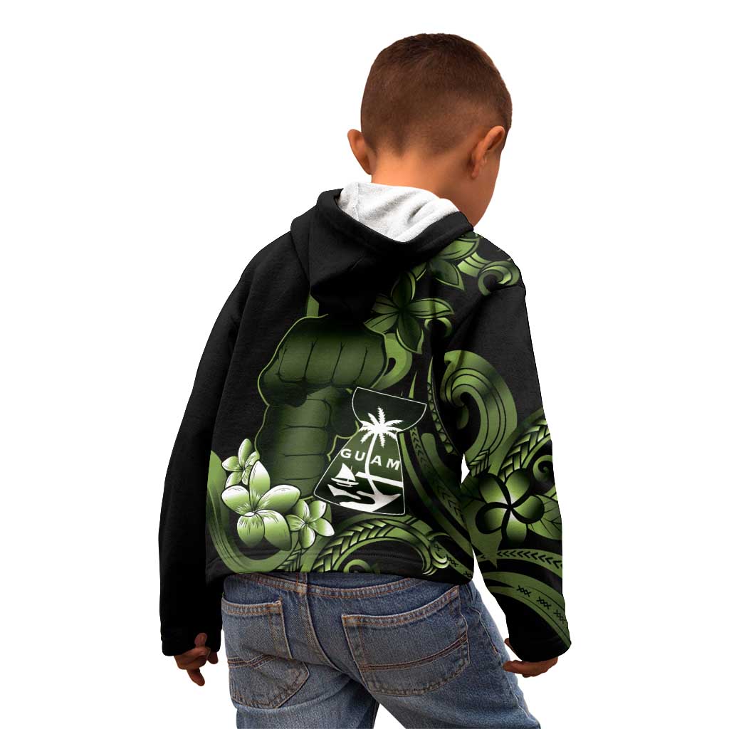 Green Hafa Adai Guam Kid Hoodie Chamorro Latte Stone Hand With Plumeria