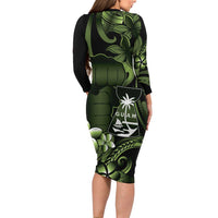 Green Hafa Adai Guam Long Sleeve Bodycon Dress Chamorro Latte Stone Hand With Plumeria