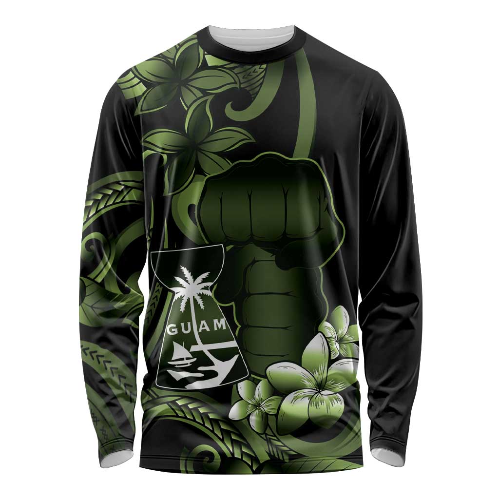 Green Hafa Adai Guam Long Sleeve Shirt Chamorro Latte Stone Hand With Plumeria