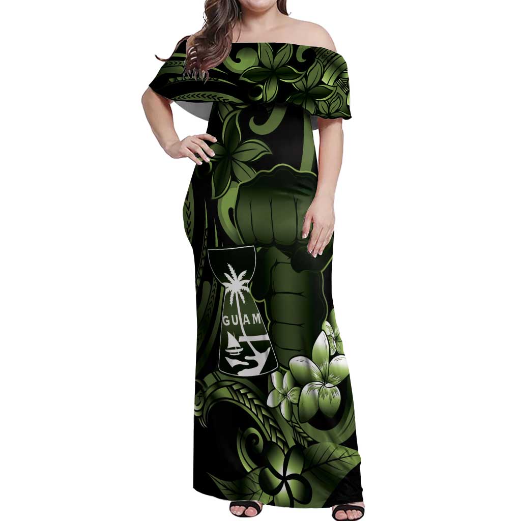 Green Hafa Adai Guam Off Shoulder Maxi Dress Chamorro Latte Stone Hand With Plumeria