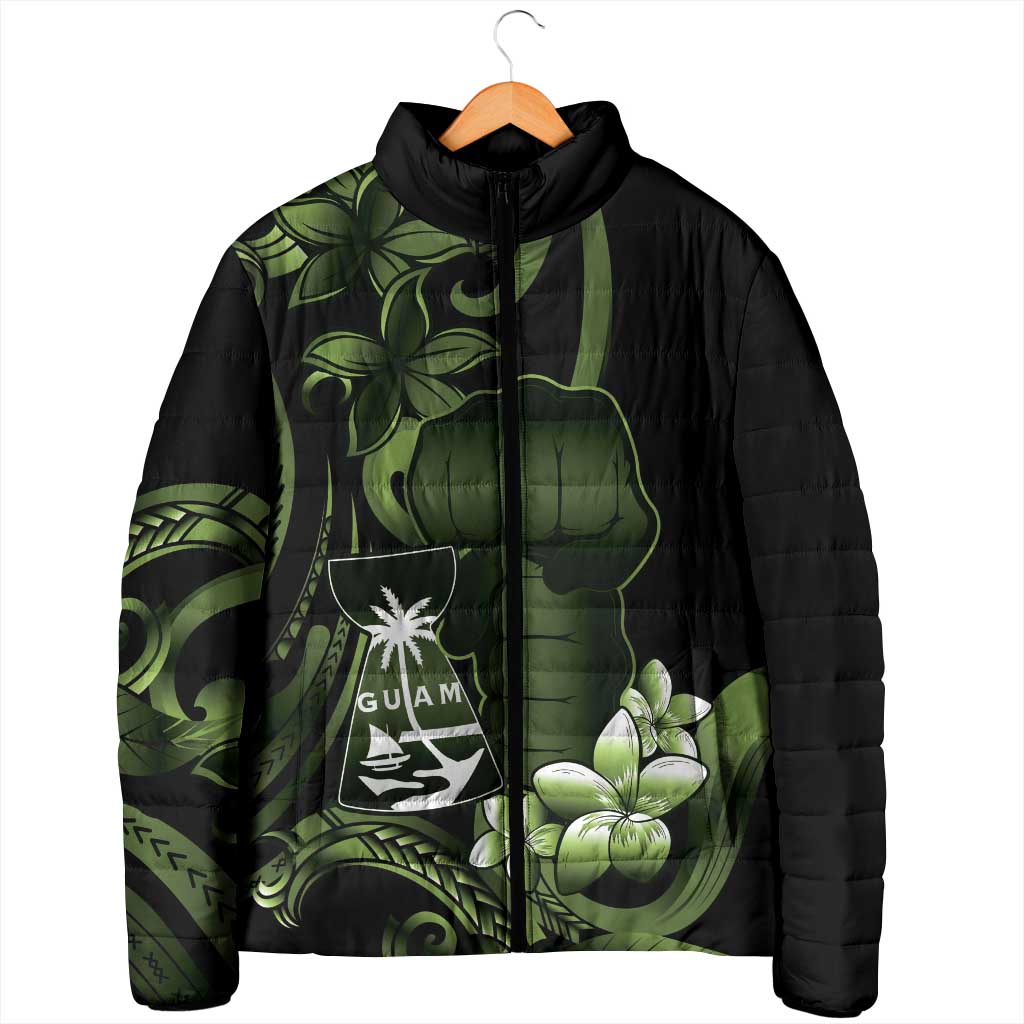 Green Hafa Adai Guam Padded Jacket Chamorro Latte Stone Hand With Plumeria - Polynesian Pride