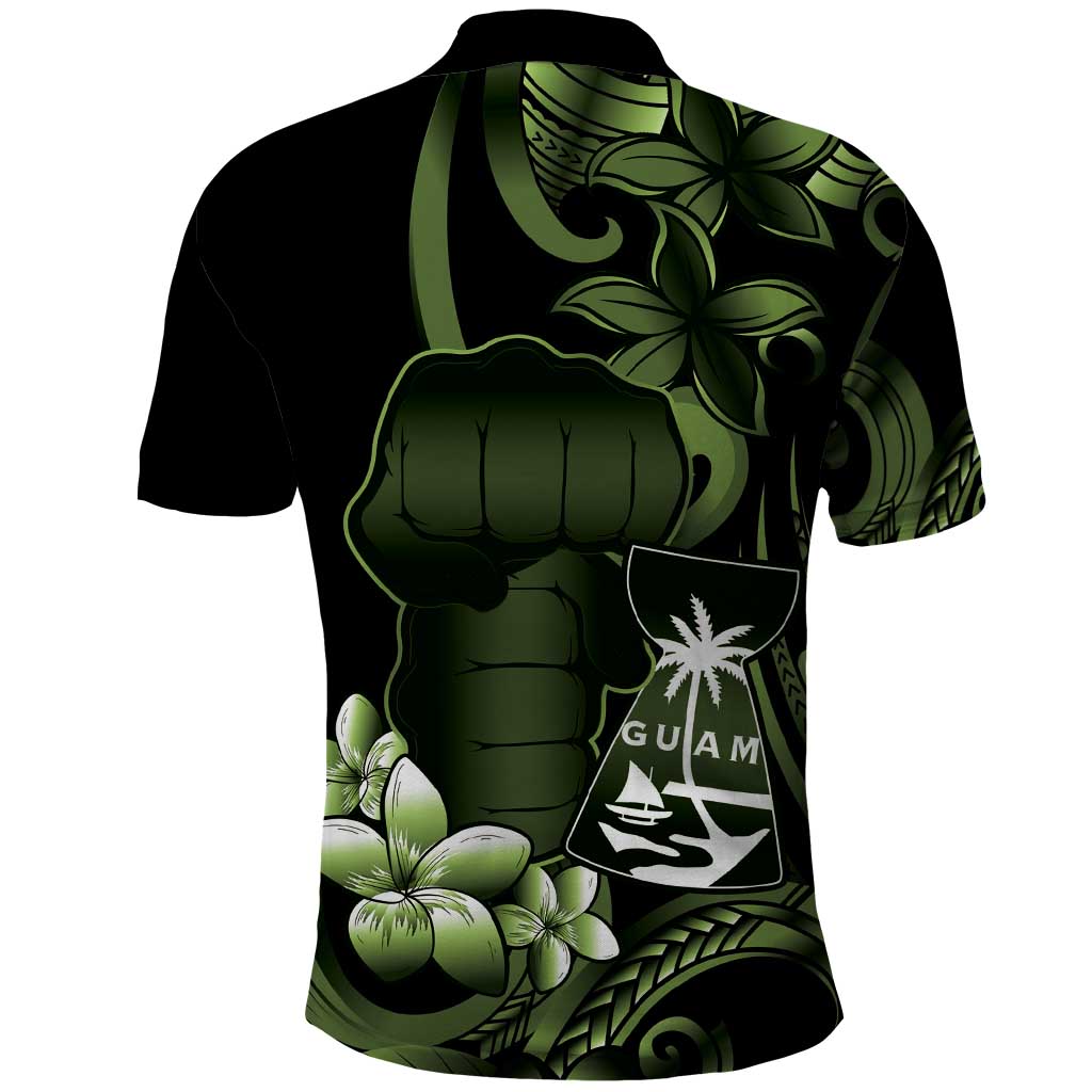 Green Hafa Adai Guam Polo Shirt Chamorro Latte Stone Hand With Plumeria