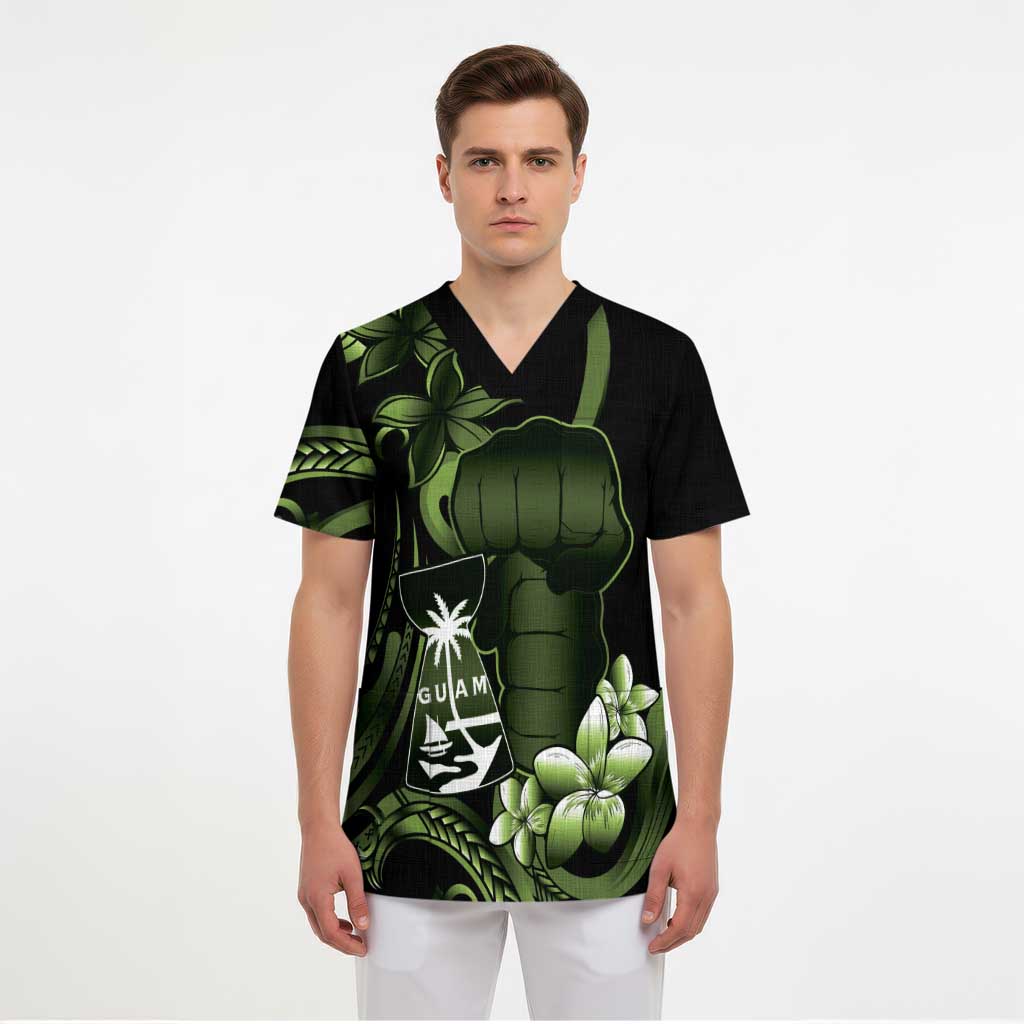 Green Hafa Adai Guam Scrub Top Chamorro Latte Stone Hand With Plumeria - Polynesian Pride