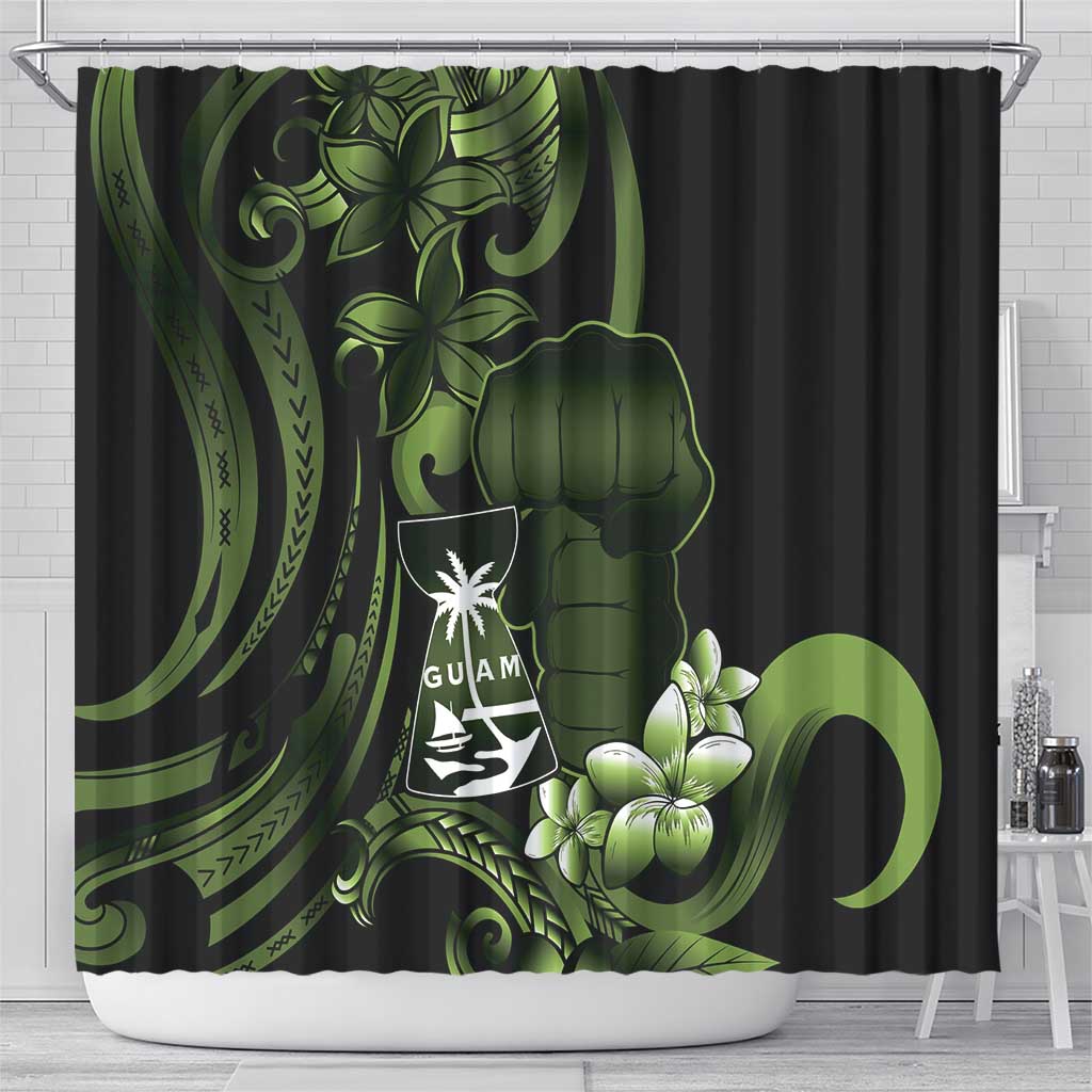 Green Hafa Adai Guam Shower Curtain Chamorro Latte Stone Hand With Plumeria