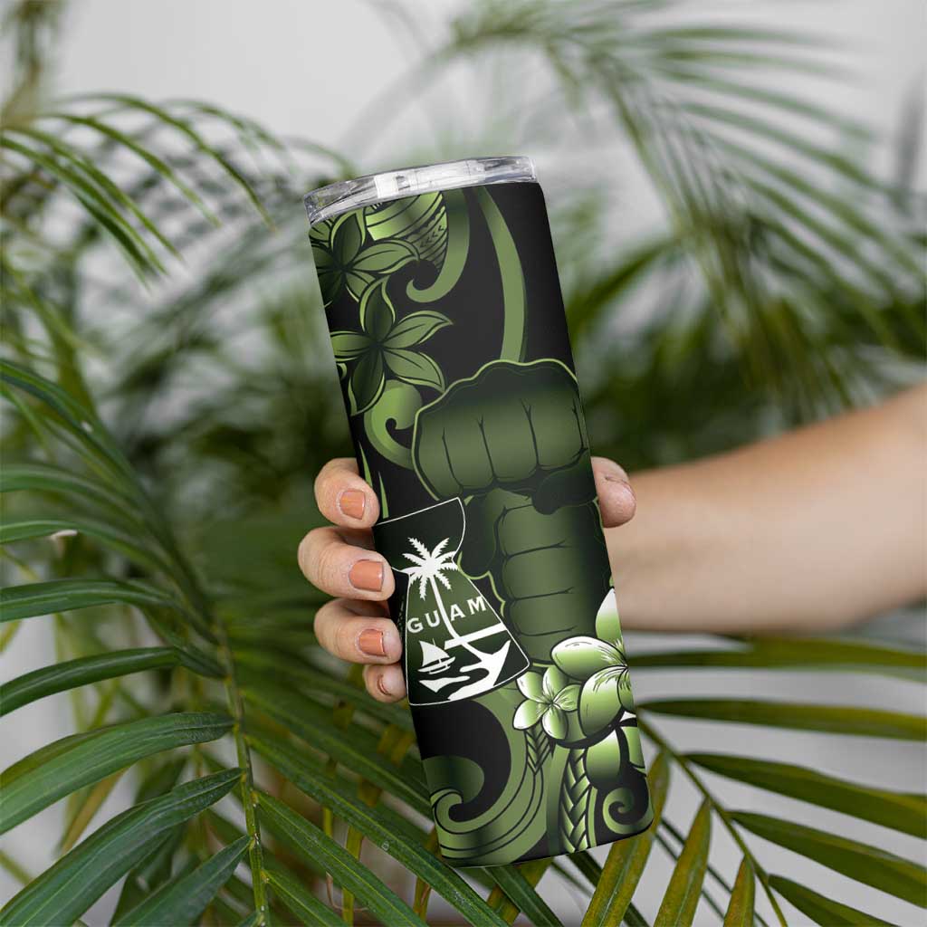 Green Hafa Adai Guam Skinny Tumbler Chamorro Latte Stone Hand With Plumeria