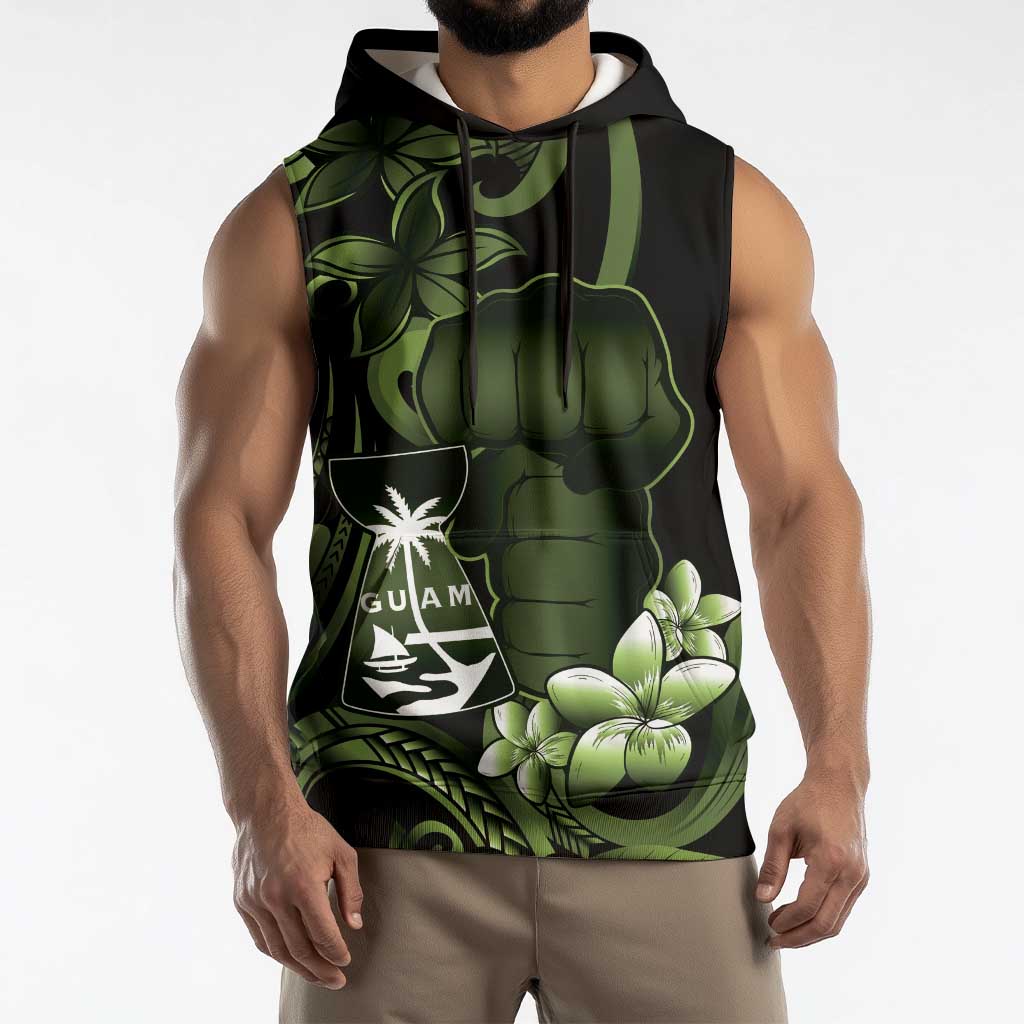 Green Hafa Adai Guam Sleeveless Hoodie Chamorro Latte Stone Hand With Plumeria - Polynesian Pride