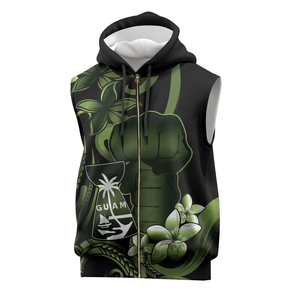 Green Hafa Adai Guam Sleeveless Zip Hoodie Chamorro Latte Stone Hand With Plumeria - Polynesian Pride