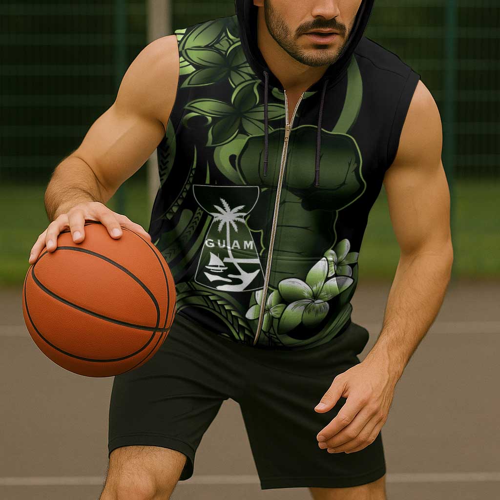 Green Hafa Adai Guam Sleeveless Zip Hoodie Chamorro Latte Stone Hand With Plumeria - Polynesian Pride