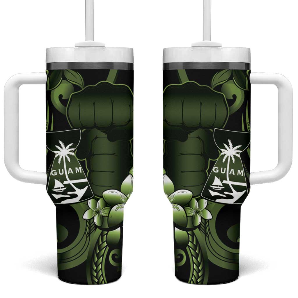 Green Hafa Adai Guam Tumbler With Handle Chamorro Latte Stone Hand With Plumeria