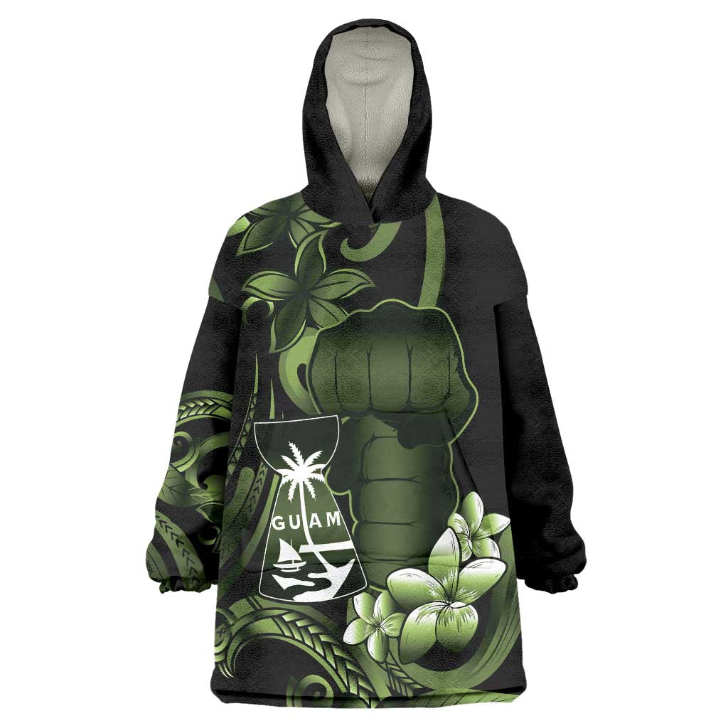 Green Hafa Adai Guam Wearable Blanket Hoodie Chamorro Latte Stone Hand With Plumeria