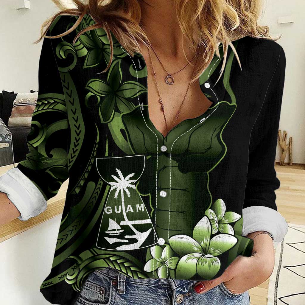 Green Hafa Adai Guam Women Casual Shirt Chamorro Latte Stone Hand With Plumeria