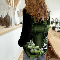 Green Hafa Adai Guam Women Casual Shirt Chamorro Latte Stone Hand With Plumeria